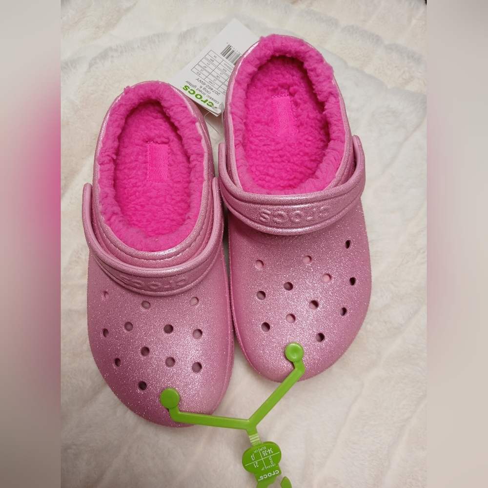 Crocs Classic Lined Glitter Clogs Pink Kids J3 (Youth Size 3) NWT